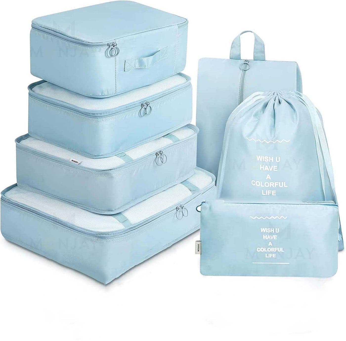 MONJAY 7pcs pouche Set Travel Organizer Packing Cubes Lightweight Travel Luggage Organizers with Laundry Bag or Toiletry Bag Laundry Organiser (7 PCS, Korea Blue)