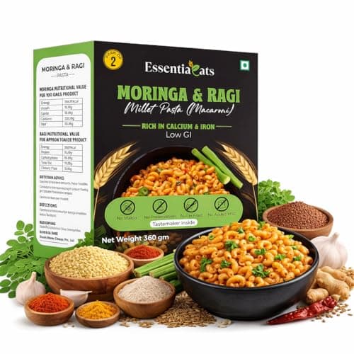 Essentiaeats High Protein Healthy Moringa and Ragi Millet Pasta Macaroni With Tastemaker- Contains 2 Packs, 360 gm | No Maida, Not Fried, Low GI, No Preservatives | Sun Dried | Rich in Calcium & Iron
