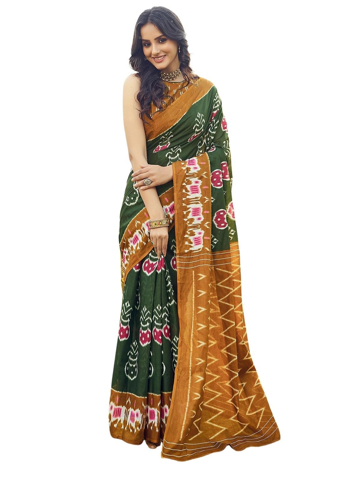 Satrani Women's Cotton Printed Ready To Wear Saree with Unstitched Blouse Piece (8RS115N_Dark Green & Mustard4)