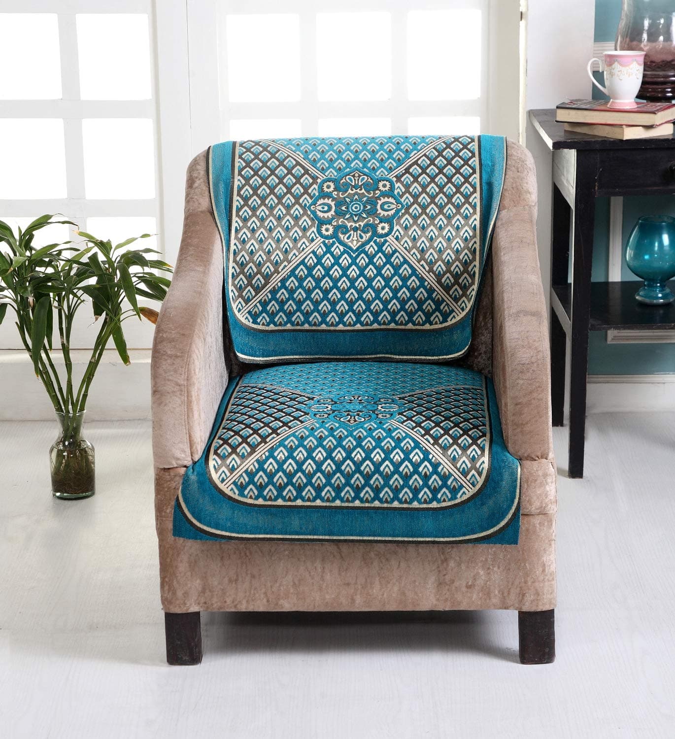 Nendle Velvet Fabric Geometric Sofa Cover Set of 5 Seater (Sky Blue, 6 Pieces)