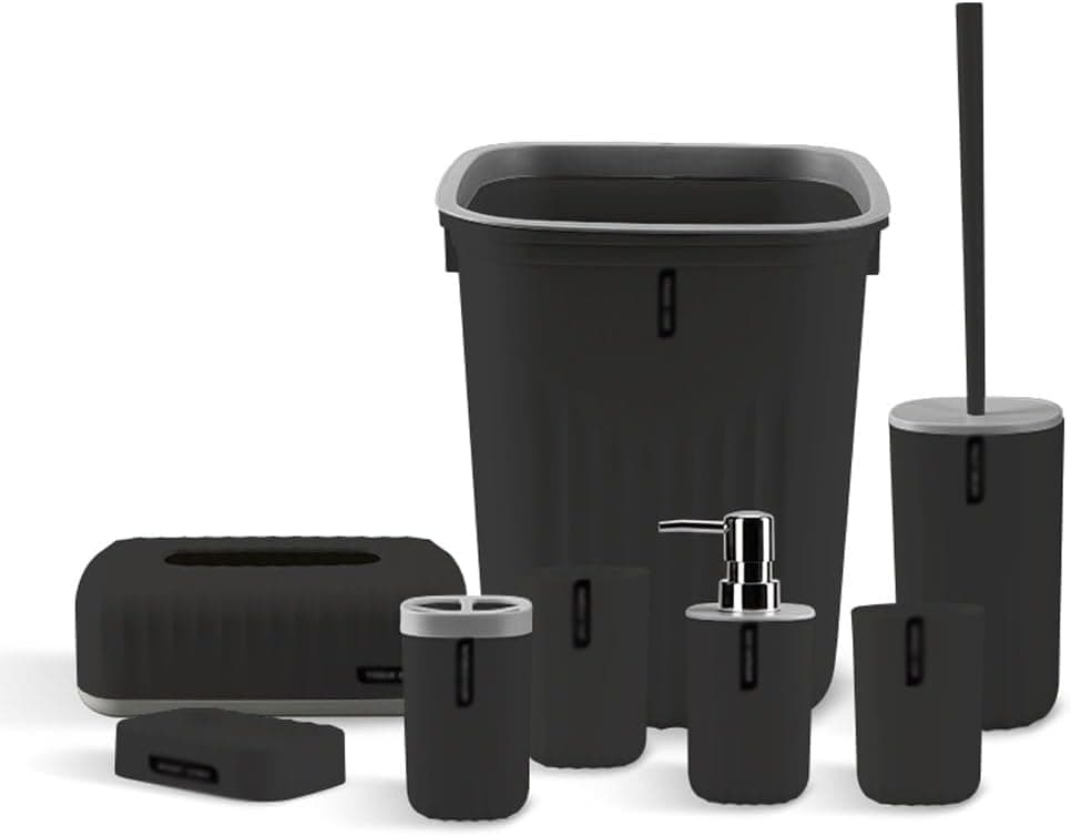 HOME CUBE 8Pcs Bathroom Accessories Set, Soap Dish, Soap Dispenser, Toothbrush Holder, 2 Mouth Wash Cup, Tissue Box, Dustbin, Toilet Brush Holder, Complete Bath Organiser Set for Bathroom (Black)