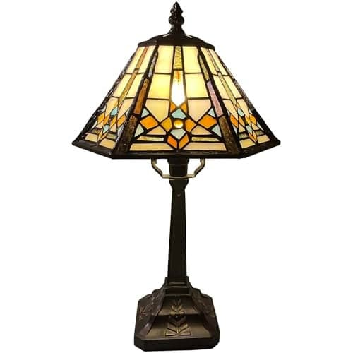 Bieye L10791 Mission Style Table Lamp Tiffany Stained Glass Night Light with Hexagonal Cone Lampshade, 10" W x 16" H