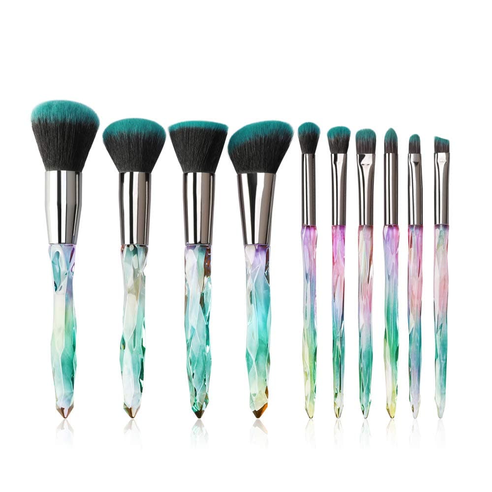Makeup Brushes Crystal Handle Set Tenmon 10 PCS Crystal Transparent Handle Kabuki Powder Foundation Brush Concealer Eye Shadow Eyeliner Eyebrow Brush Green