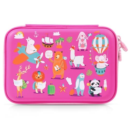 rockpapa Let's Go Travel Pencil Case for Kids Girls, Hippo Rabbit Elephant Panda Lion Bear Sheep Pencil Box for School Purplish Red