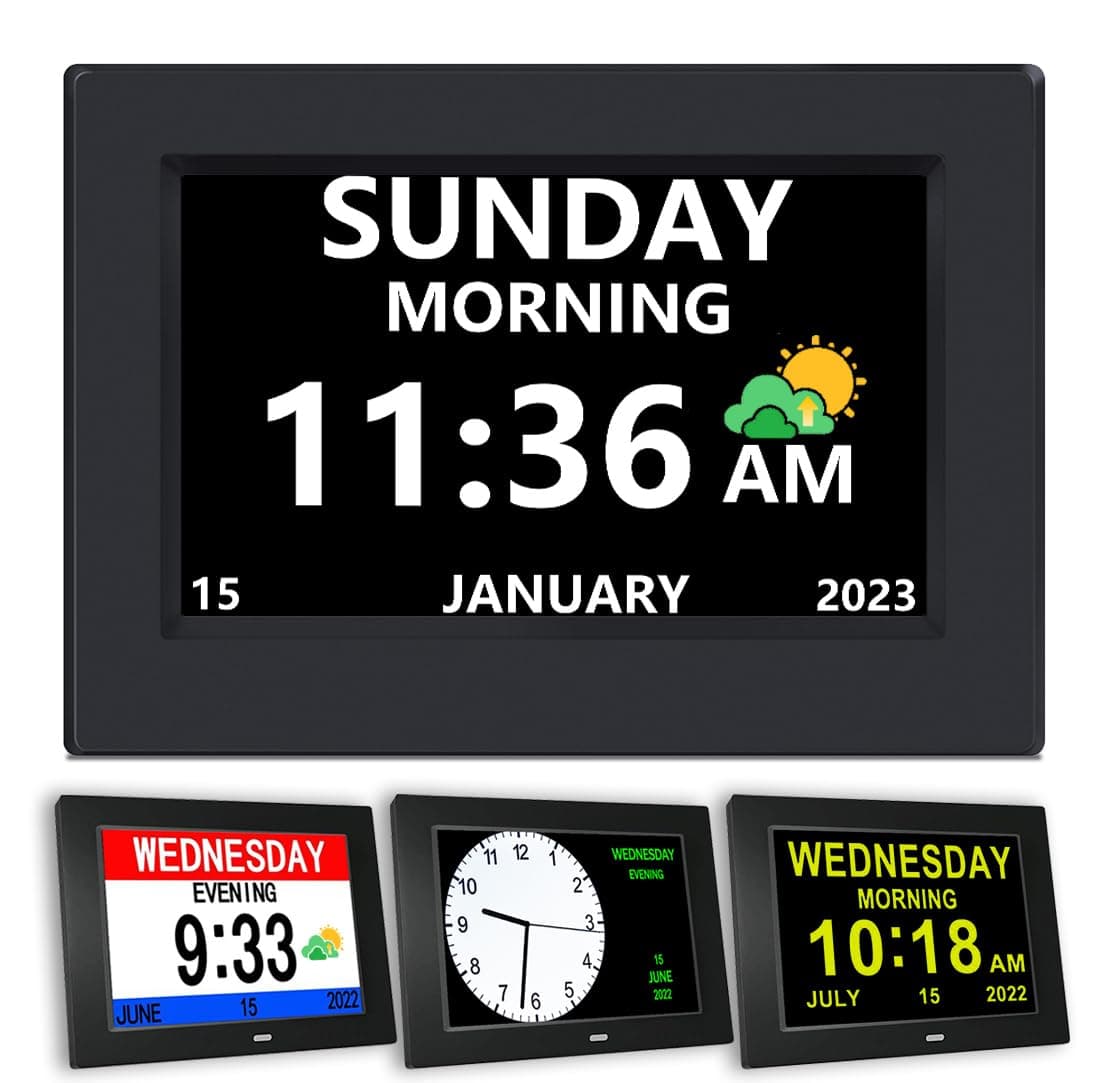 DST Digital Clock with Date and Day of Week for Elderly-12 Alarms Medication Reminder Dementia Alzheimers Clock Calendar with Extra Large Display (7 inch Black)