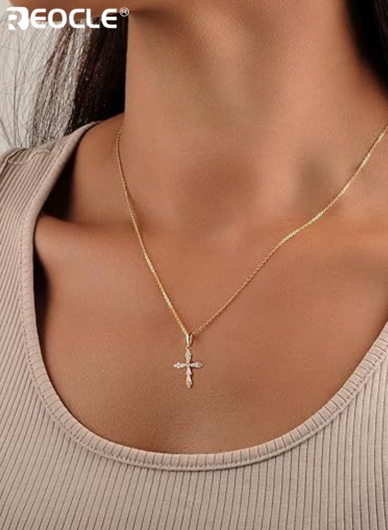 Women's Multi-Stone Cross Pendant Necklace Slim Chain with Tiered Sparkle-Accented Cross Charm for Elegant Symbolic Styling