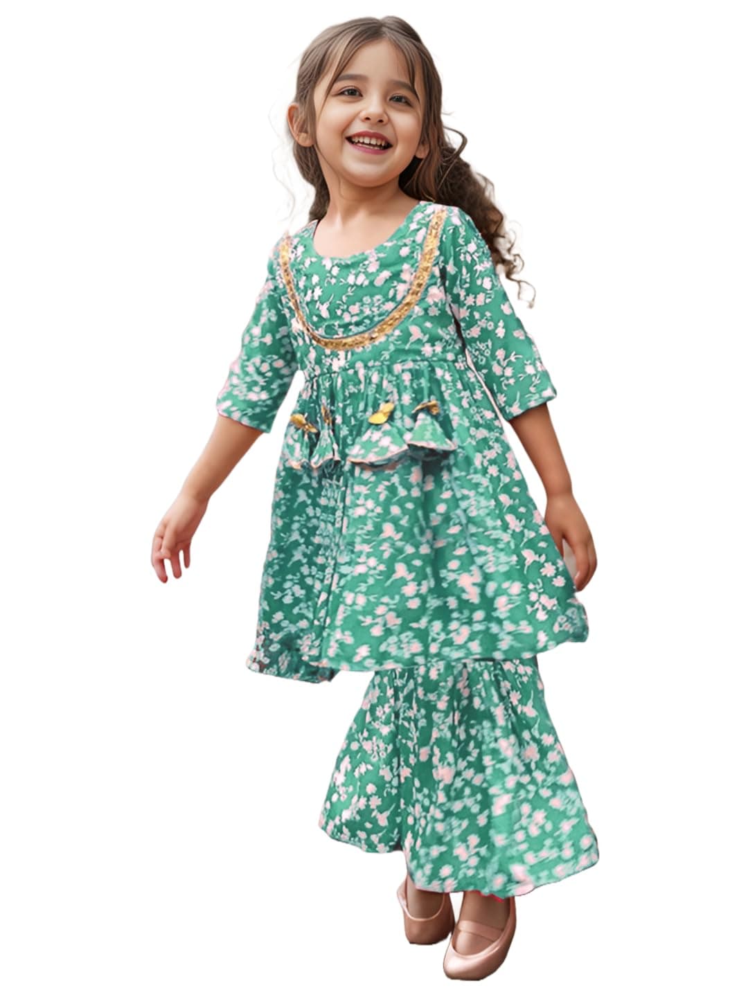 A.T.U.N. (ALL THINGS UBER NICE) A.T.U.N. Girls Ethnic Wear Sharara | Floral Green Printed Kurta with Sharara Set for Girls