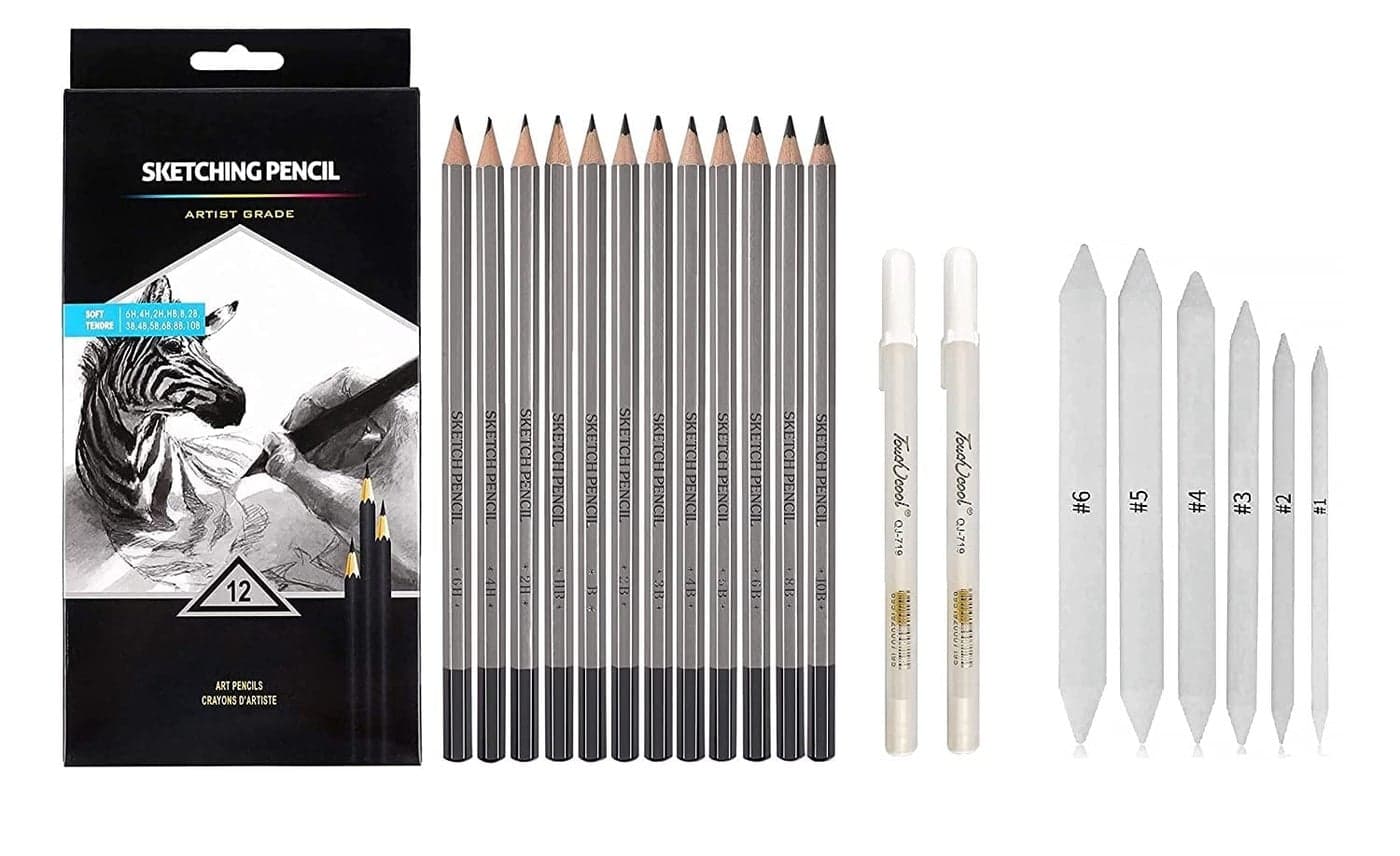 KANBI Art Sketching Pencils Set of 12 Pencils Artist Grade Degree Pencils 10B 8B 6B 5B 4B 3B 2B B HB 2H 4H and 6H with 6 Stumps and 2 White Gel Pen