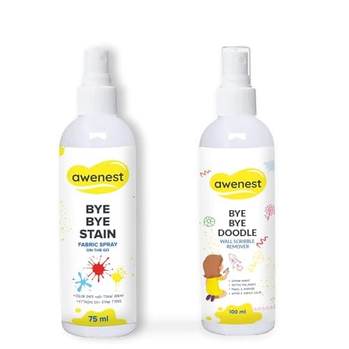 awenest Bye Bye Food Stain & Bye Bye Doodle Combo | Fabric Stain Remover + Wall Scribble Cleaner | Removes Food, Oil, Ink, Crayon, Pencil, Sketch & Acrylic Marks | Safe, Plant-Based Cleaning Sprays