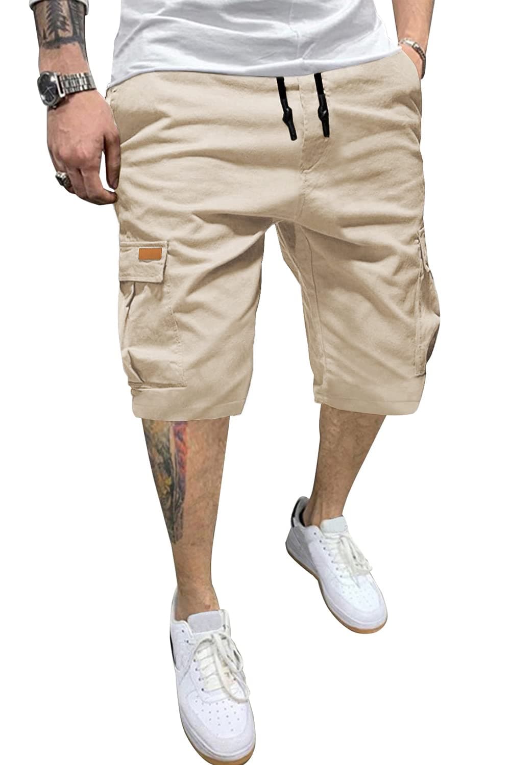JMIERR Mens Casual Twill Cargo Shorts Cotton Drawstring Classic Cargo Chino Stretch Short with 6 Pockets for Men, US38(XL), A Apricot