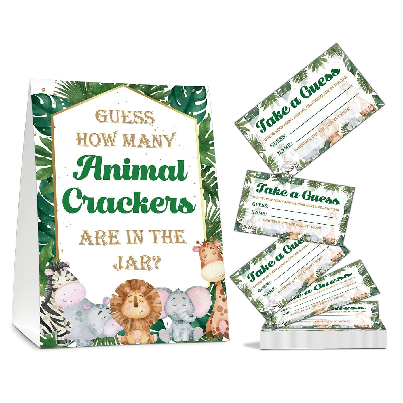 HEZNZXQ Find How Many Animal Crackers Guessing Game Safari Jungle Animal Baby Shower Game Cards Woodland Animals Baby Shower Favors Supplies Decorations 50 Cards and Matching Standing SignA01