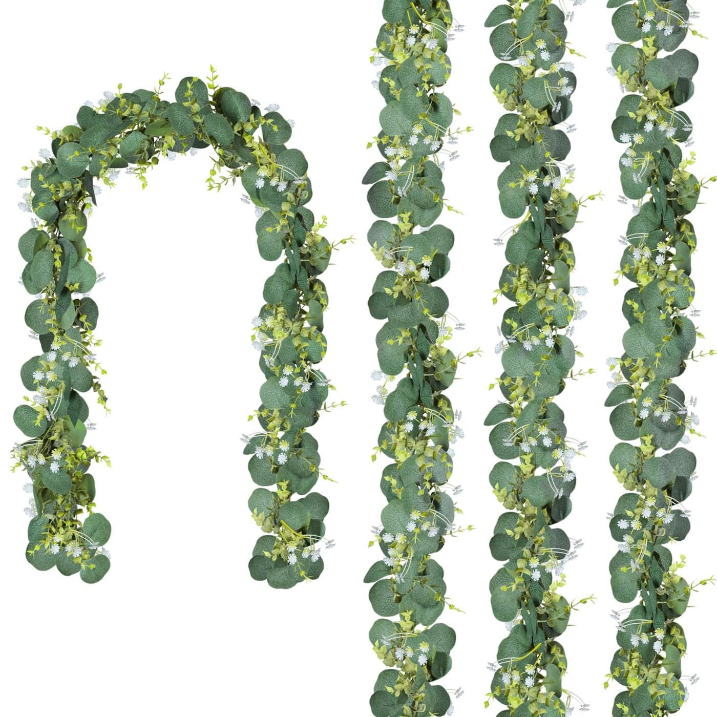 CQURE 4 Pack 59Ft Eucalyptus GarlandArtificial Eucalyptus Flowers Leaves Table Greenery Garland Wreath Vines for Wedding Party Table Fireplace Bedroom Wall Room Decor