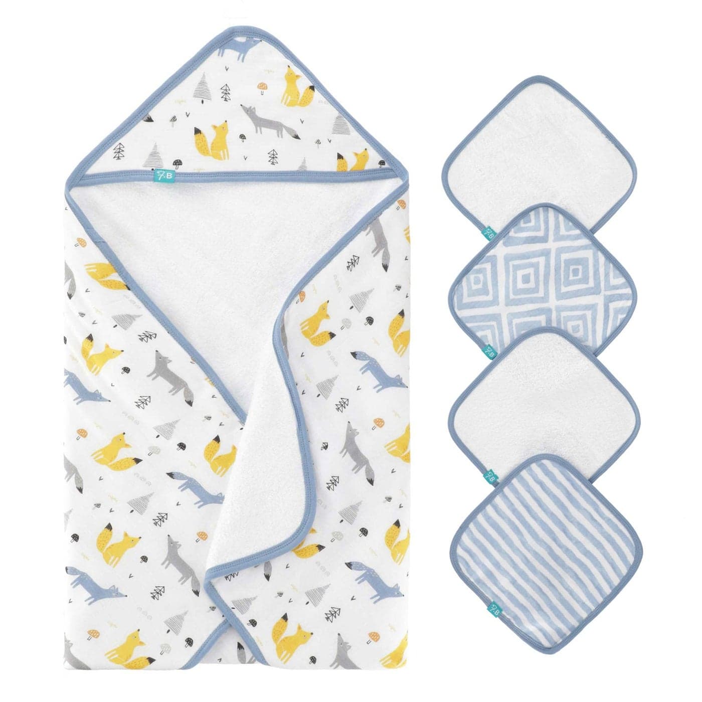 Featherhead 5Piece 100 Cotton Muslin Hooded Bath Towel Washcloths Set for Baby Boy Ultra Soft and Extra Absorbent Newborn Essential Perfect Baby Registry Gift Blue Foxes