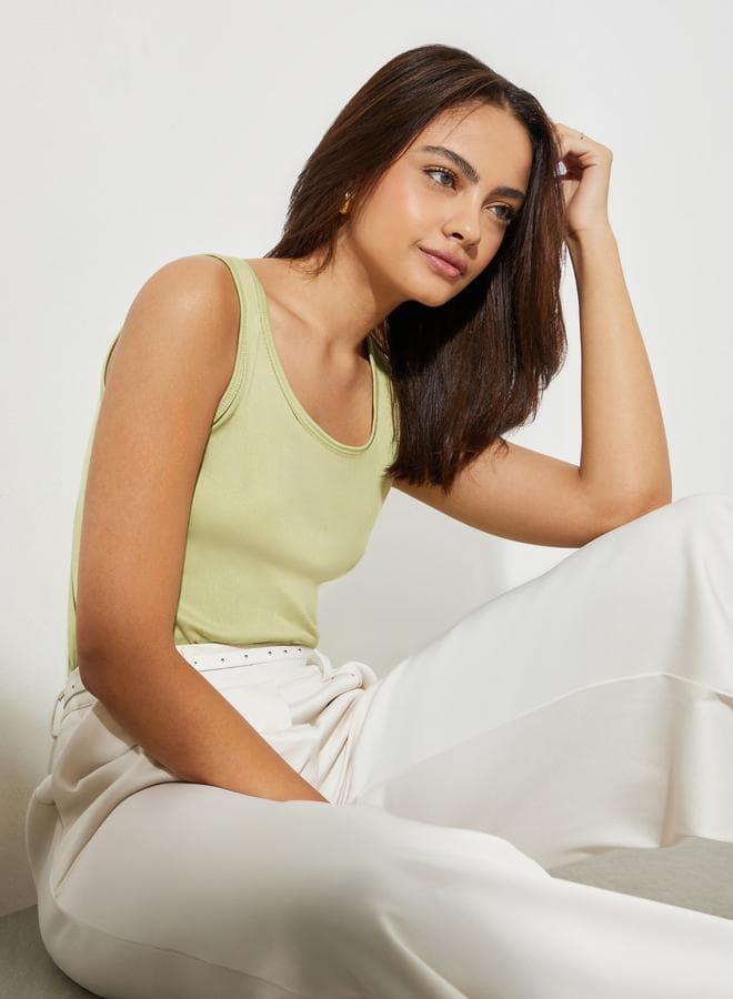 Green Ribbed Round Neck Tank