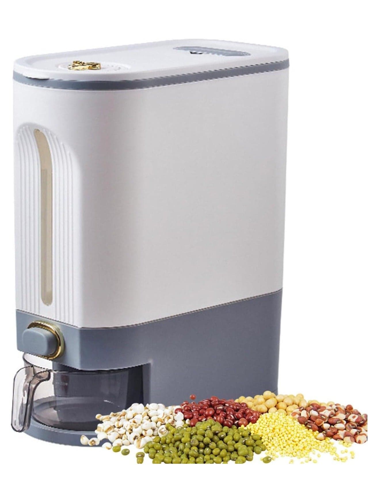 Grains – Leakproof Rice Bucket Cereals | Food Kitchen Organization with Time Pointer, Measuring Cup for Kitchen, Soybeans and Corn