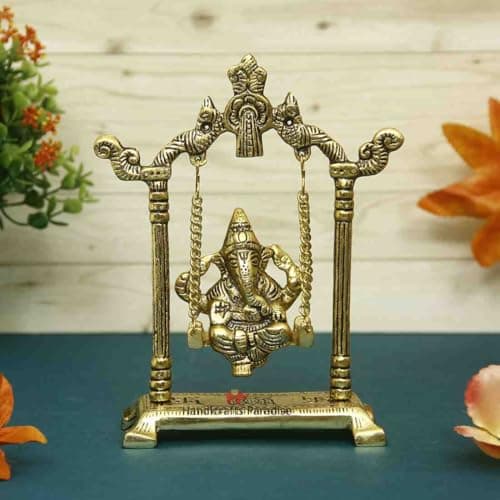 Handicrafts Paradise Metal Small Ganesha Statue Hindu God Ganesh Ganpati on Swing Idol Sculpture Good Luck & Success for Home Puja Gifts, Gold, 8 inch, 1 Piece