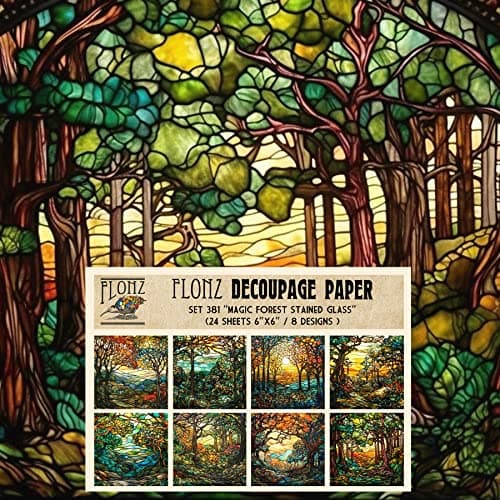 Decoupage Paper Pack 24 Sheets 6x6 Magic Forest Stained Glass Vintage Styled Pattern Paper for Decoupage Craft and Scrapbooking