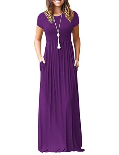 MISFAY Women Short Sleeve Loose Plain Maxi Dresses Casual Long Dresses Pockets(Purple,M)