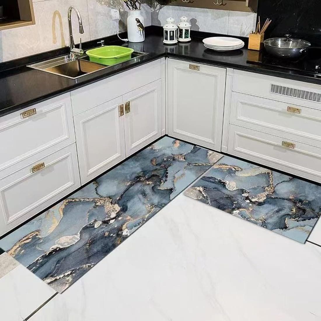 Maharsh Modern Kitchen Floor mat with Water and Oil Absorption, Anti Slip Crystal Velvet Long Strip Foot mat Size 17x47 17x30 Inch (45X120 45X75 CM) (Sky Blue)