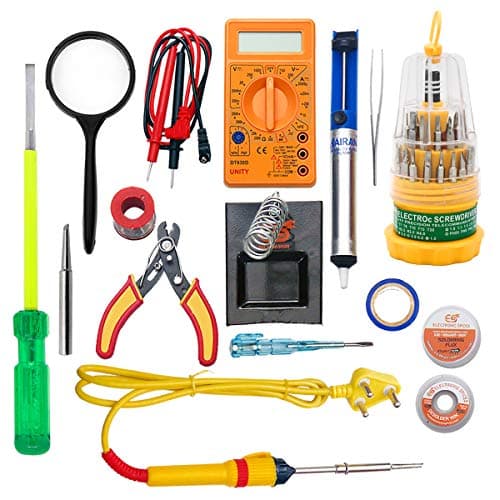 Electronicspices (15 in 1) 25watt soldering iron/digital multimeter/iron bit/solder stand/pump/desolder wire/paste/cutter tester/tape/tweezer/Screw Driver/Magnify Glass/Screwdriver set