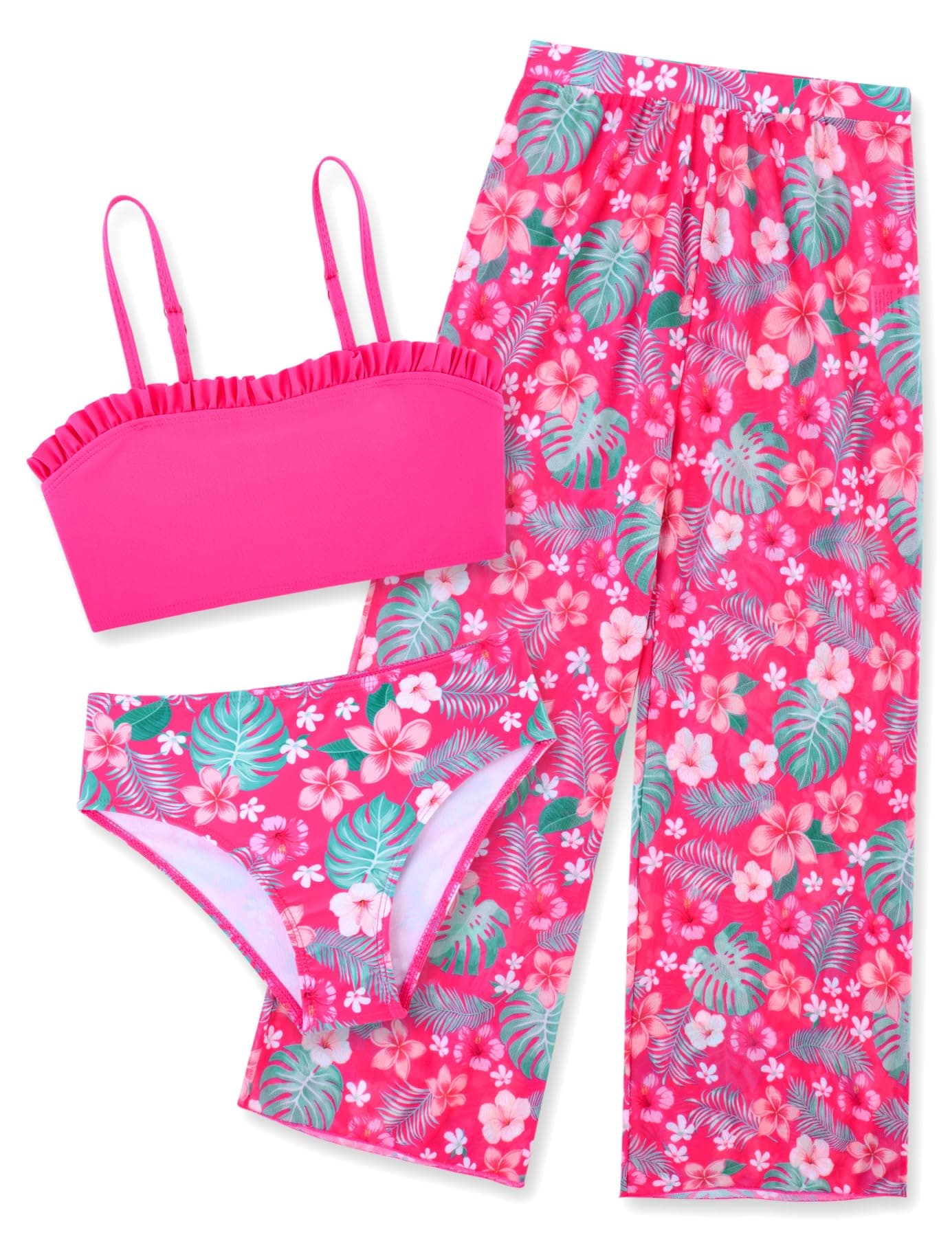 Girls Swimsuits Size 12 14 Teens Summer 3pcs Bikini Bathing Suits 13 14 Year Old Junior Cute Red Hawaiian Tankini Swim Suits with Mesh Cover ups Long Pant Teen Quick Dry Swimming Wear for Holiday