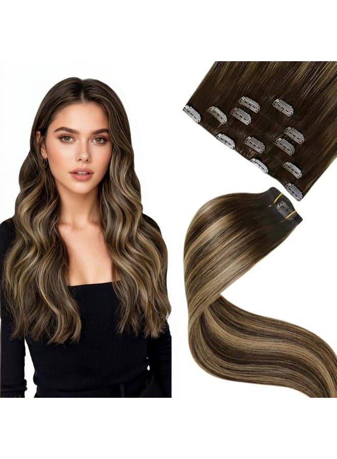 Clip in Hair Extensions Brown Balayage Human Hair Clip in Extensions Brown Ombre Caramel Blonde Hair Extension Clip ins Silky Straight 18 Inch 5pcs 80g