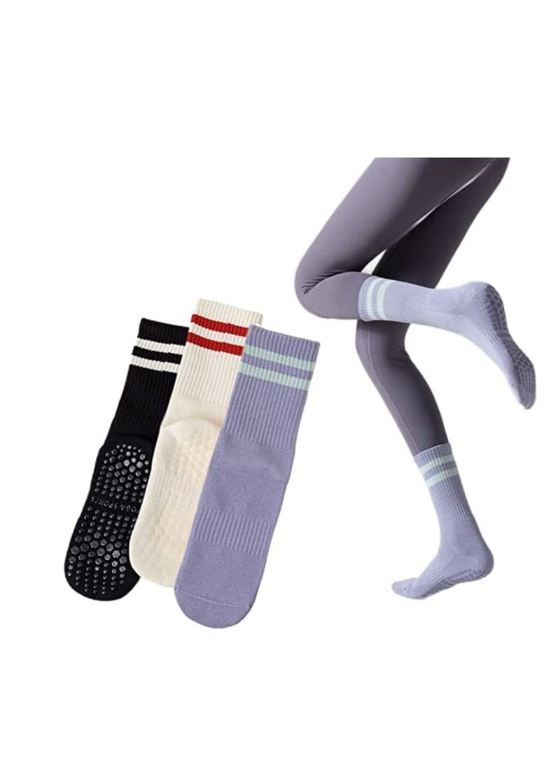 Non Slip Socks Women Fashion All Season Socks Sports Casual Simple Striped Colors for Pilates Yoga Barre Ballet Dance Fitness Football Hospital Mid-Tube Socks Free Size 3-Pair
