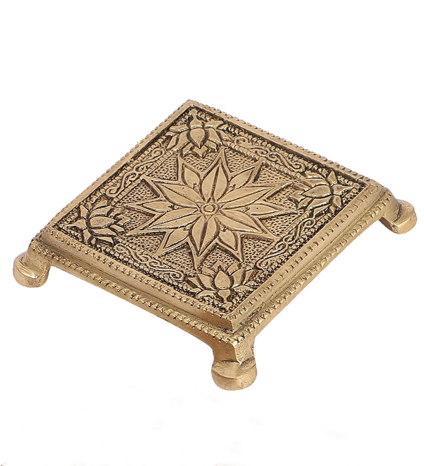 Two Moustaches Lotus Flower Design Brass Pooja Chowki Chowki for God Idols Chowki for Pooja Antique White Standard Pack of 1