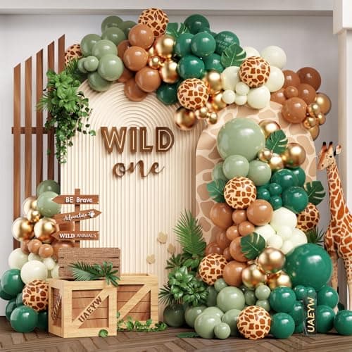 Safari Jungle Balloon Garland Arch Kit for Wild One Birthday Party Decorations 157Pcs Sage Green Brown Balloons with Animal Print Balloons Palm Leaves for Safari Baby Shower Woodland Tropical Party