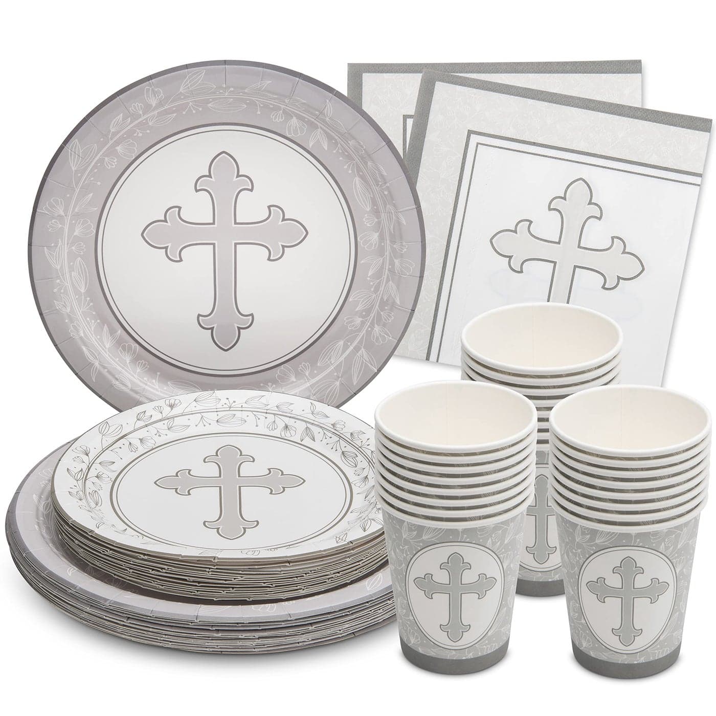 Royal Bluebonnet Gray Cross Baptism Plates and Napkins Set of 24 First Holy Communion Party Supplies Baptism Decorations Easter Paper Plates and Napkins Cross Religious Confirmation Decorations
