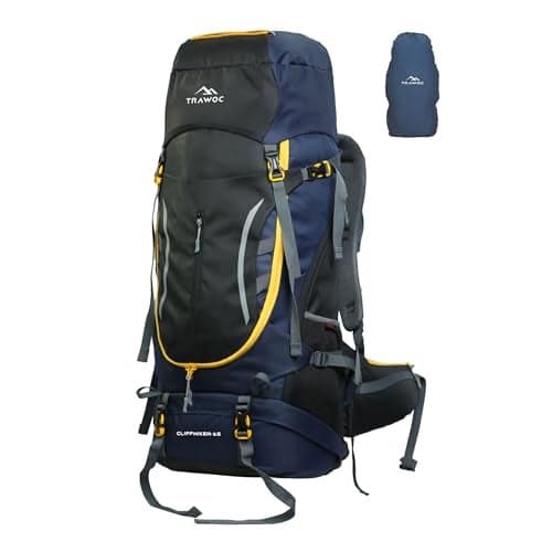 TRAWOC CLIFFHIKER 65 Liter Internal Frame Trekking Hiking Camping Backpack Travel Bag Front & Top Loading Rucksack ag for Men & Women Laptop/Rain Cover/Shoe Compartment, HK010, Black & Blue