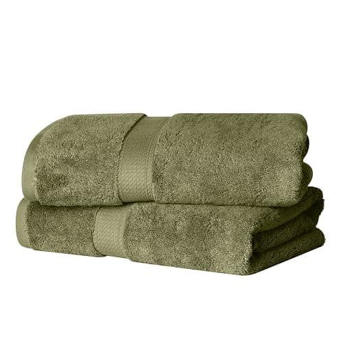 Superior Egyptian Cotton Pile Bath Towel Set of 2, Ultra Soft Luxury Towels, Thick Plush Essentials, Absorbent Heavyweight, Guest Bath, Hotel, Spa, Home Bathroom, Shower Basics, Forest Green