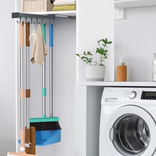 PrimZooty Pull Out Broom Holder, Multifunctional Slide Broom And Mop Storage/Organizer With Adjustable Double Row Sliding Hook, Garage Organization Hooks, for Closet Laundry Garage - Dark grey - 36cm