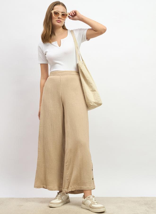 Textured High Rise Wide Leg Pants with Buttons Detail