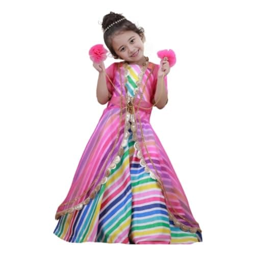 Naixa Girl's Satin Sleeveless Round Neck Pink Shrug With Multicolor Ethnic Printed Readymade Lehenga Choli Set For Every Occasion (Pack Of One) (NX15 11-12Y)