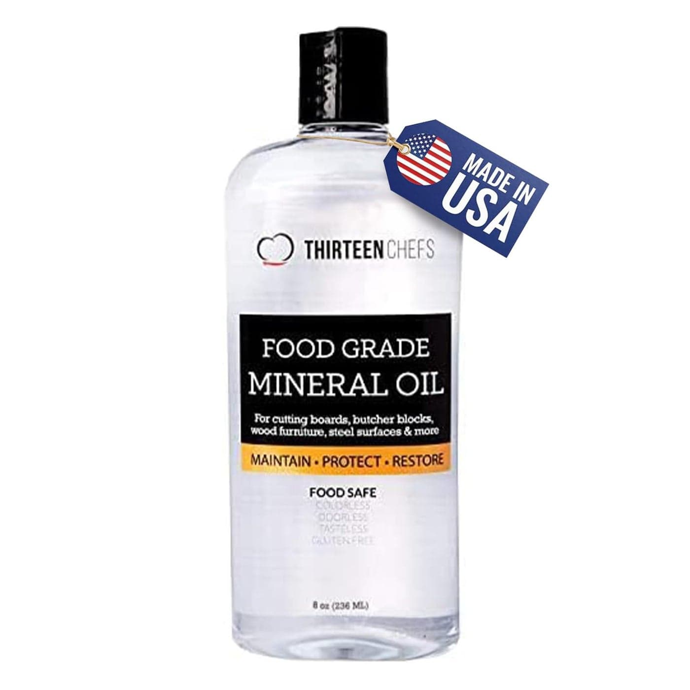 Thirteen Chefs Mineral Oil 8 oz Food Grade Conditioner for Wood Cutting Board Countertop Butcher Block Lubricant for or Meat Grinder Safe USP Finish on Marble Soapstone