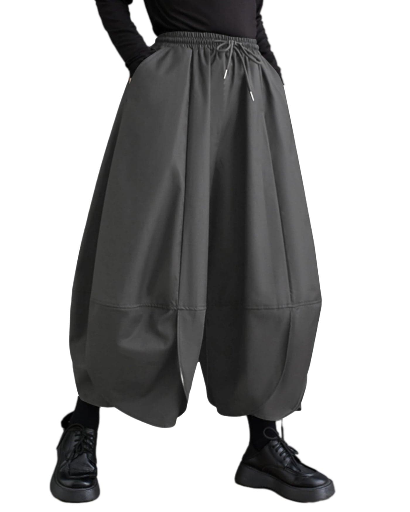 Women's Puffy Drawstring Elastic Waist Drop Crotch Hakama Harem Balloon Wide Leg Pants GZ81 Gray