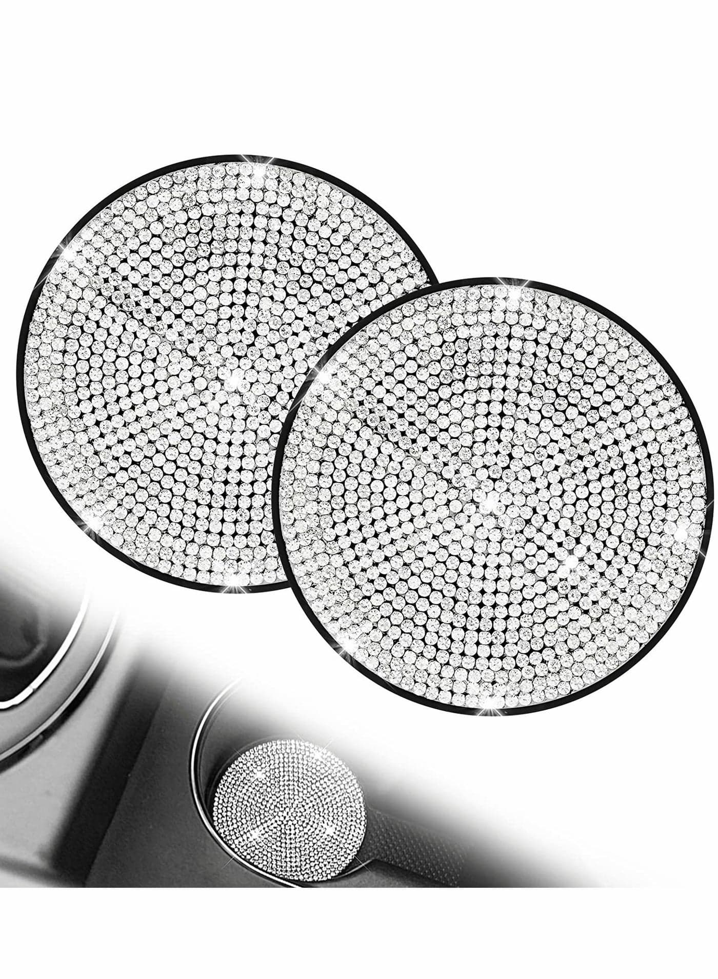 Car Cup Coaster, 2 Pcs Bling Rhinestone Car Cup Holder Coasters 4, 2.75 inch Anti-Slip Shockproof Universal Fashion Vehicle Car Coasters Insert Crystal Automotive Interior Accessories for Wome