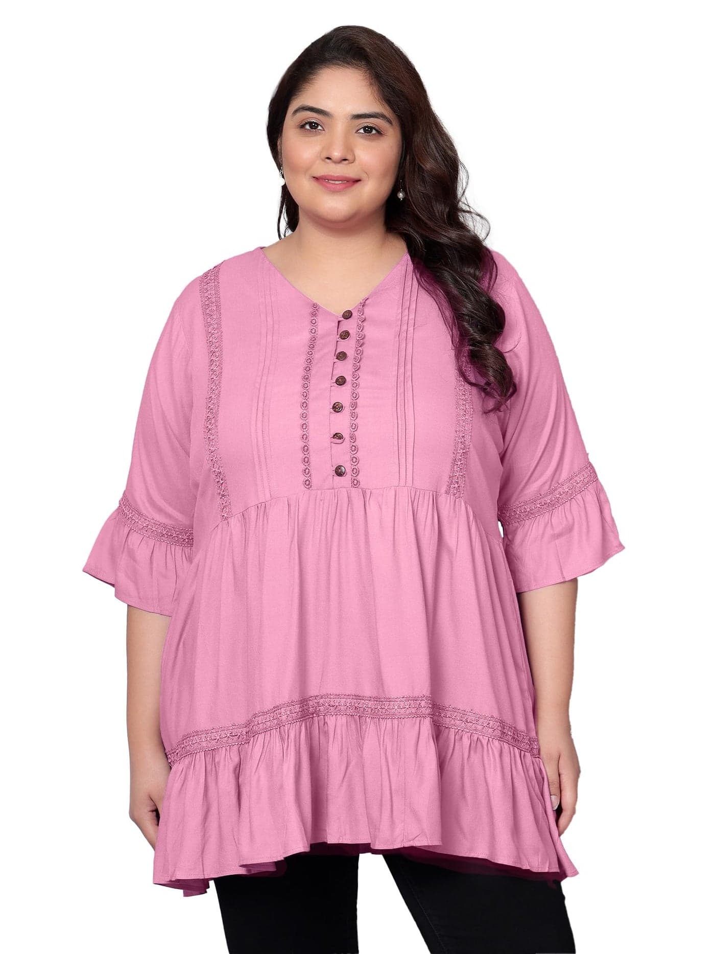 Indietoga Women's Plus Size Tiered Longline Tunic Top with Pockets (P10001581_Pink Solid_4XL)