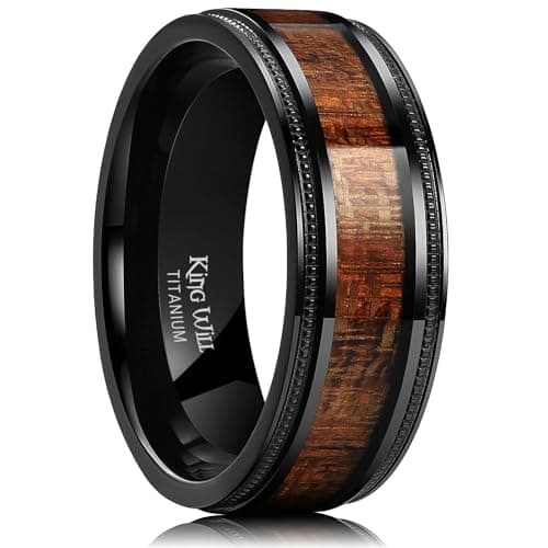 King Will Titanium Wedding Band for Men-8mm Black Titanium Men Ring with Koa Wood Inlay, Wooden Wedding Band Ring for Men Women Comfort Fit Size 10