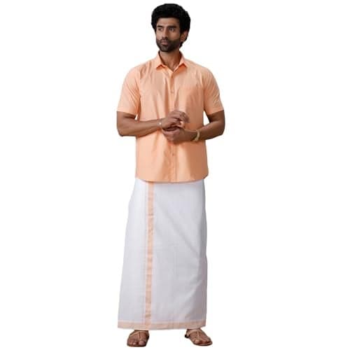 RAMRAJ COTTON Men Peach Half Sleeves Shirt With Matching Border Dhoti Set Trendy-GF3