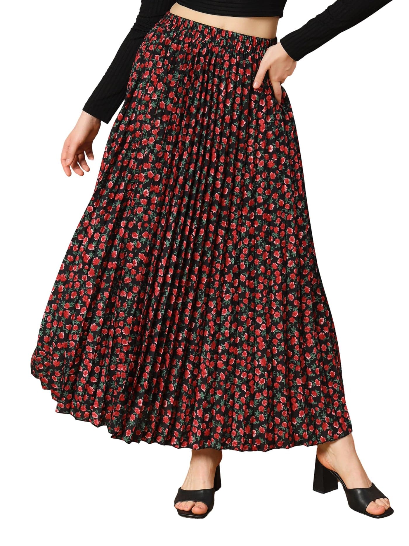 KZULLY Polyester Women's Crepe Western Maxi Skirt Red, Medium