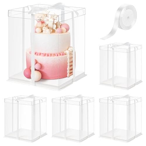 Ocmoiy 10x10x12Inch Clear Cake Box, 5 Pcs Tall Cake Boxes with Ribbon, Treat Transport Boxes for Wedding, Birthday, Party