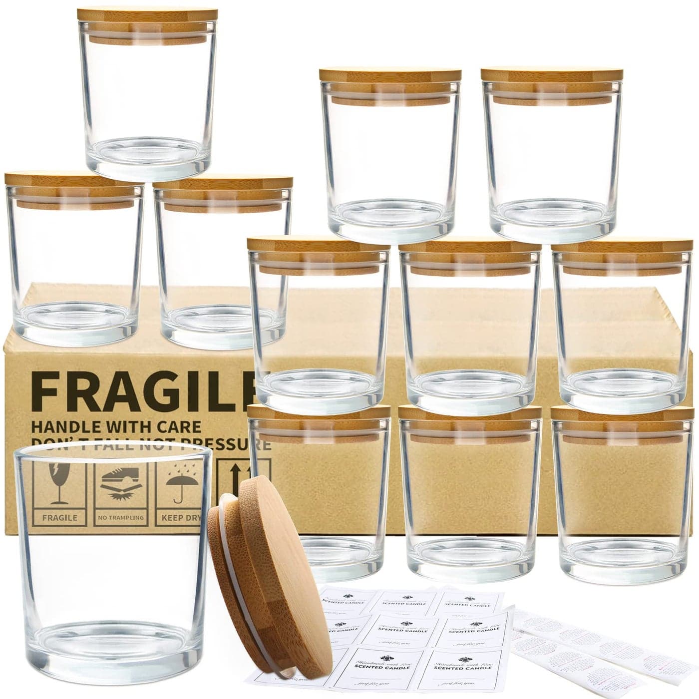 CONNOO 12Pack 10 OZ Clear Glass Candle Jars with Bamboo Lids for Making Candles Large Size Empty Candle Tins with Wooden Lids Bulk Clean Candle Containers Dishwasher Safe