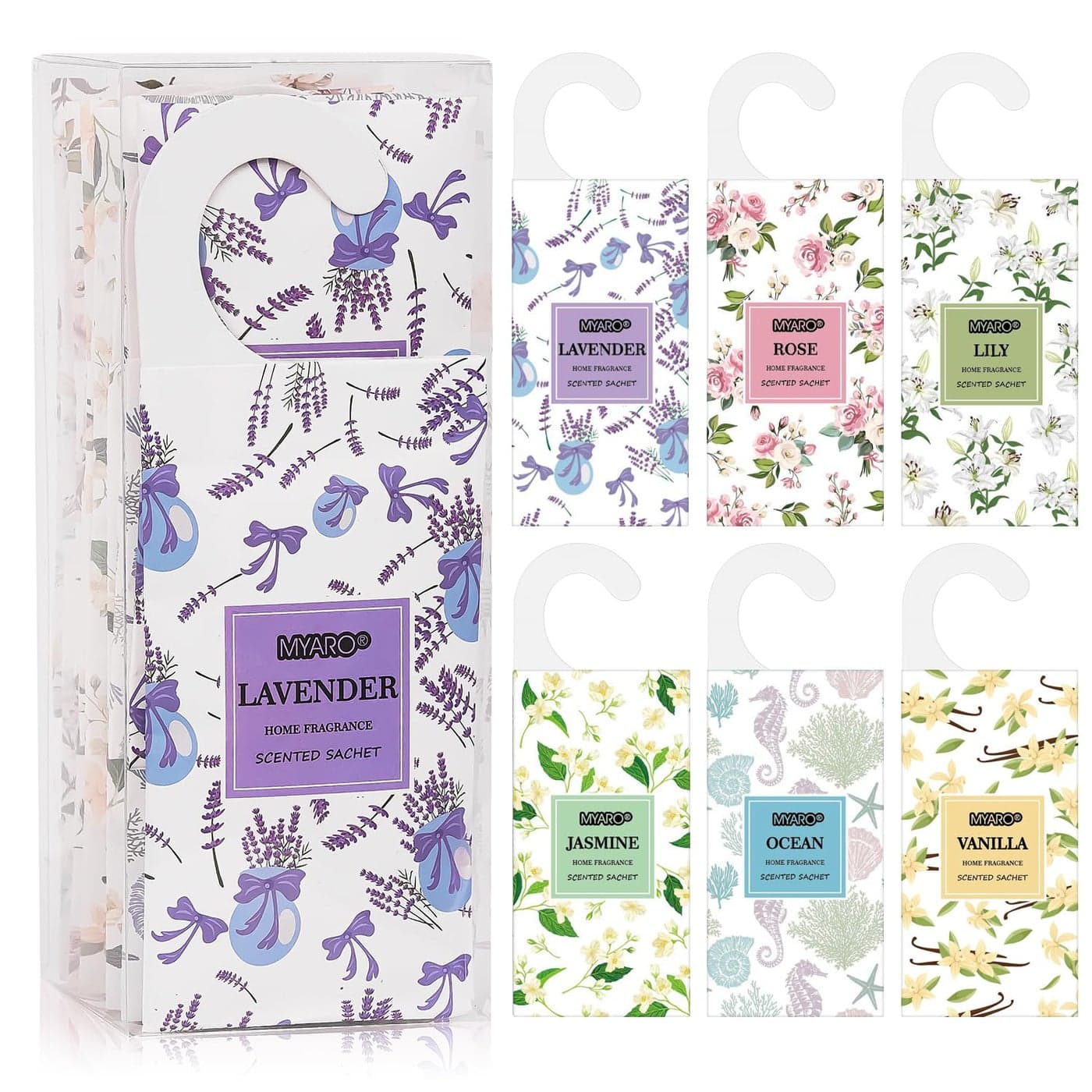 MYARO 12 Packs Large Sachets for Drawers and Closets Large Hanging Sachet Bags Closet Air Fresheners Potpourri Bags LongLasting 6 Scents Lavender Rose Jasmine Ocean Vanilla Lily