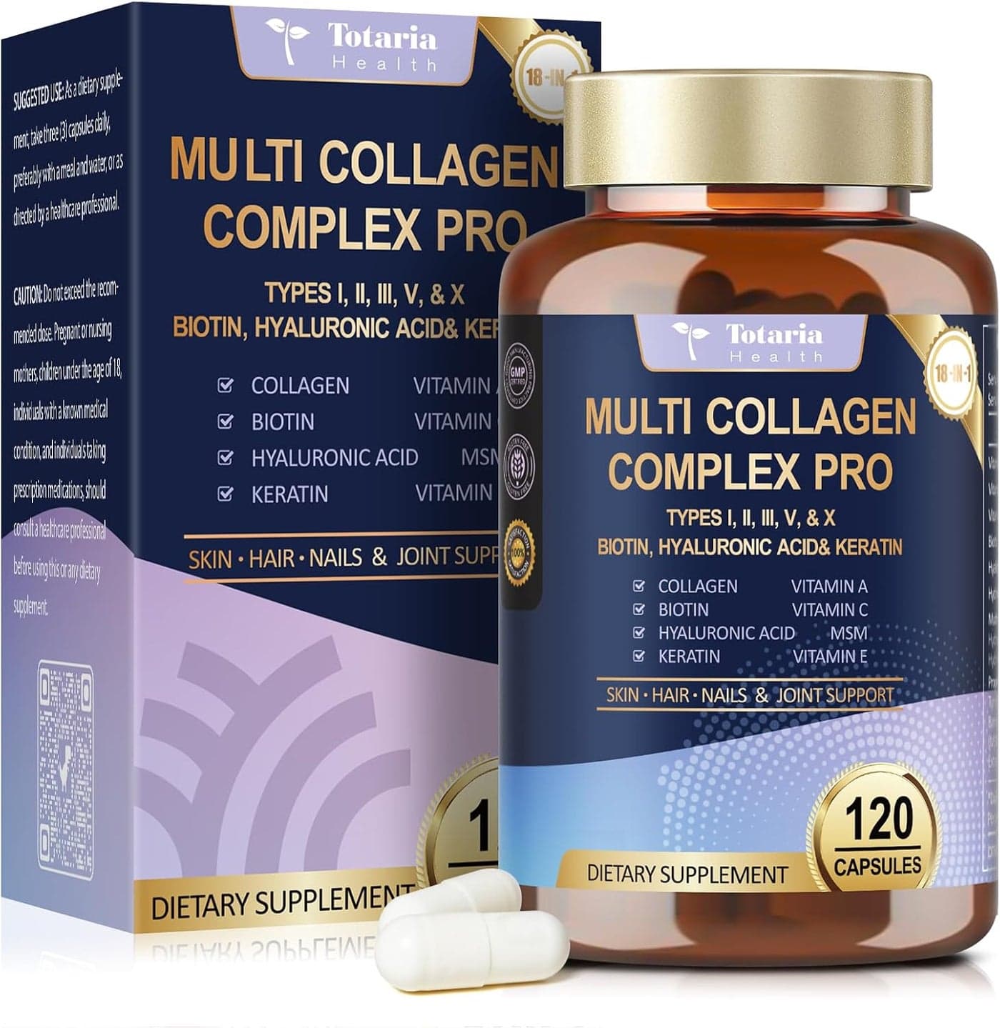 18in1 Collagen Pro with Hyaluronic Aicd Keratin Biotin VIT A C E for Skin Hair Nails Joint Beauty Multi Collagen Peptides Capsules with Type I II III V X for Women Men 120 Caps