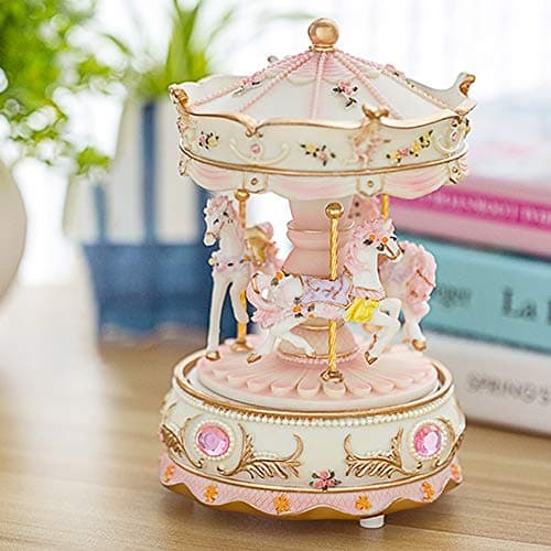 HKZTUY Carousel Music Box with 3 Rotating Horses, Color-Changing LED Lights, Wind-Up Clockwork 18-Note Melody, Small Resin Tabletop Decor, 5.9" Tall x 3.93" Dia (Pink)