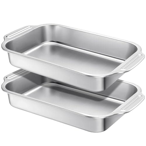 Funnymoom 2 Pcs Stainless Steel Cake Pan 9 x 13 Inch Baking Pan with Handle Rectangle Baking Bakeware for Fish Cakes Breads Casseroles Vegetables Dishwasher Safe