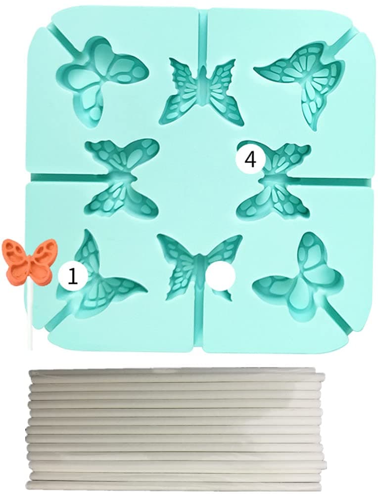 3D Butterfly Cartoon Lollipop Silicone Molds & 25pcs Paper Sticks (4inch), for Kid Party, Treat Bags, Non-Stick Chocolate, Candy, Gelatin Fudge, Ice Cube Tray,Wedding,Party and DIY Crafts ; D20HD