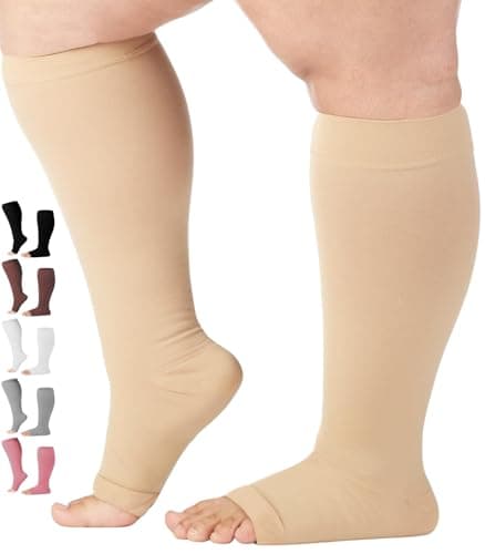 Surgical Opaque Knee-Hi Firm Support Open Toe 20-30mmHg Graduated compression Surgical Weight -- Made in USA (2XL, Beige) by Mojo Compression socks